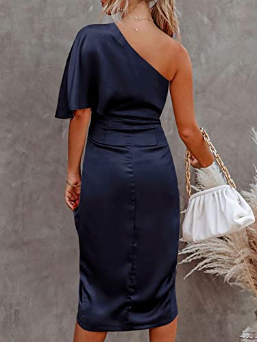 Women's Satin Dress Backless One Shoulder Short Sleeves Midi High Low Hem Cocktail Party Dress