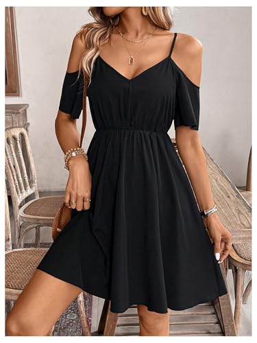 Women's Ruffle Cold Shoulder Dress Cut Out Short Sleeve A Line Summer Dresses
