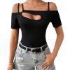 Women's Cut Out Top Cold Shoulder Short Sleeve Fitted Solid T Shirts