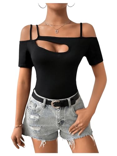 Women's Cut Out Top Cold Shoulder Short Sleeve Fitted Solid T Shirts