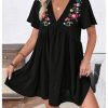 Women's Summer Dress Floral Embroidery V Neck Short Sleeve Ruffle Hem Babydoll Flowy Loose Mini Dresses