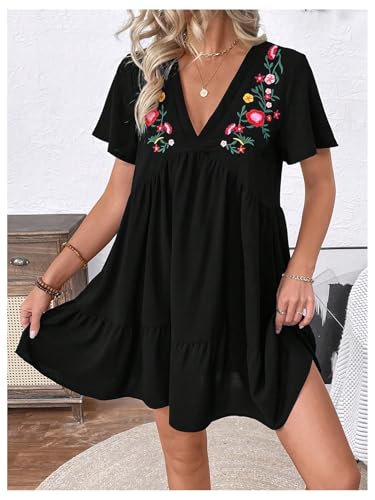 Women's Summer Dress Floral Embroidery V Neck Short Sleeve Ruffle Hem Babydoll Flowy Loose Mini Dresses
