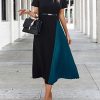 Women's Color Block Pleated Dress Casual Short Sleeve Round Neck A Line Midi Dresses