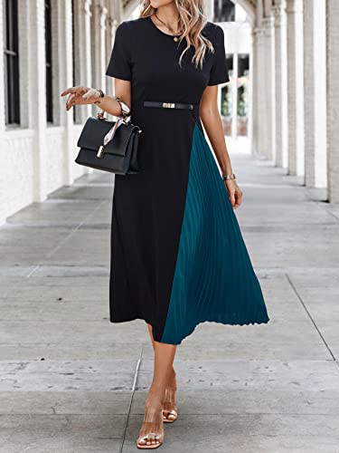 Women's Color Block Pleated Dress Casual Short Sleeve Round Neck A Line Midi Dresses