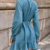 Women's Ruffle Mini Fall Dress Smocked V Neck Tie Waist Long Lantern Sleeve Flounce Hem Casual Autumn Dresses