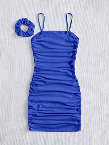 Girl's Ruched Sleeveless Bodycon Pencil Cami Midi Dress with Hair Scrunchies