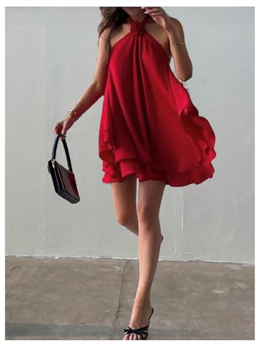 Women's Summer Halter Dress 3D Floral Ruffle Swing Flowy Beach Mini Dresses