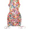 Women's Summer Bodycon Mini Dresses Floral Print Ruched Sleeveless Vacation Beach Tank Dress