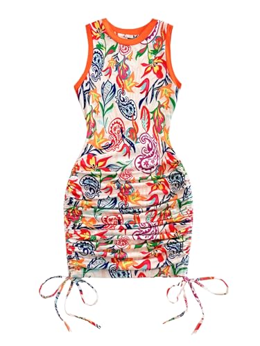 Women's Summer Bodycon Mini Dresses Floral Print Ruched Sleeveless Vacation Beach Tank Dress