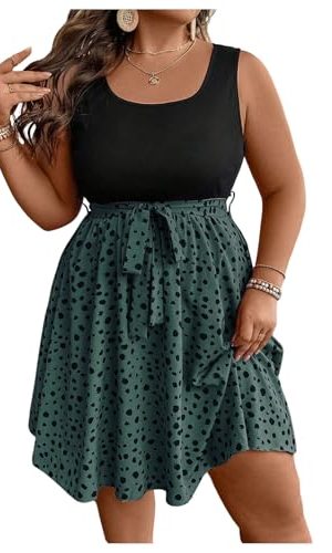 Women's Plus Size Polka Dots Sleeveless Summer Tank Dress Belted Vacation Beach Flowy Short Dresses