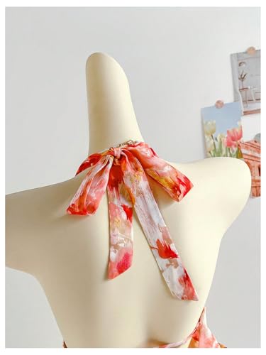 Women's Summer Floral Halter Deep Dowl Neck Dress Ruffle Beach Vacation Flowy Mini Sundresses