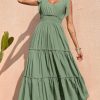 Women's Cross Neck Summer Sleeveless Tiered Maxi Dress Beach Tie Strap Smocked Long Dresses Pleated Sundress