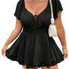 Women's Plus Size Romper Dress Ruffle Short Sleeve V Neck Flowy Summer Short Jumpsuits Plain Black 0XL