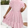 Women's Summer V Neck Short Smocked Dress Striped Bow Print Ruffle Flowy Vacation Dresses
