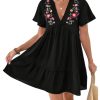Women's Summer Dress Floral Embroidery V Neck Short Sleeve Ruffle Hem Babydoll Flowy Loose Mini Dresses