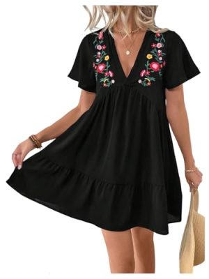 Women's Summer Dress Floral Embroidery V Neck Short Sleeve Ruffle Hem Babydoll Flowy Loose Mini Dresses