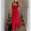 Women's Square Neck Button Down Summer Dresses Bow Tie Elegant Midi Dress