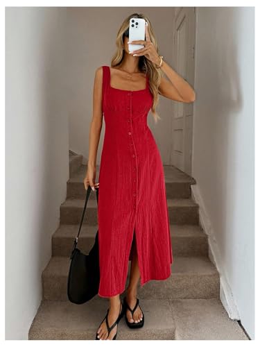 Women's Square Neck Button Down Summer Dresses Bow Tie Elegant Midi Dress