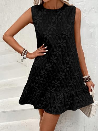 Women's Ruffle Hem Sleeveless Tank Dress Round Neck Casual Jacquard Hem Smock Summer Mini Dresses