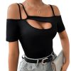 Women's Cut Out Top Cold Shoulder Short Sleeve Fitted Solid T Shirts
