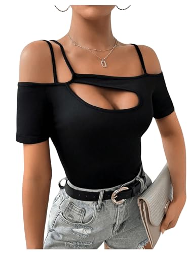 Women's Cut Out Top Cold Shoulder Short Sleeve Fitted Solid T Shirts