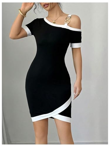 Women's Cold Shoulder Short Sleeve Bodycon Dress Color Block Wrap Summer Dresses