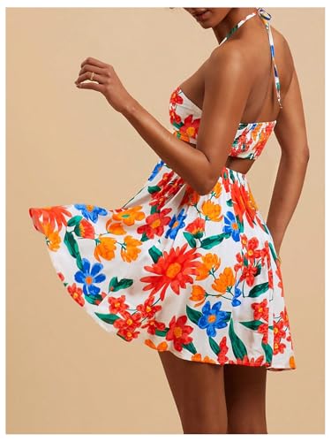 Women's Floral Print Cut Out Sleeveless Halter Mini Dress Holiday Flowy Vacation Dresses