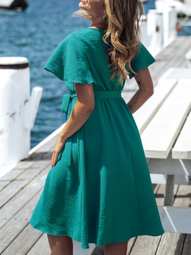 Women's Dresses for Summer V Neck Solid Belt Short Sleeve Knee Length Beach Dress