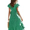 Women's Polka Dots Short Sleeve V Neck Wrap Dress Tie Side Ruffle Midi Dresses