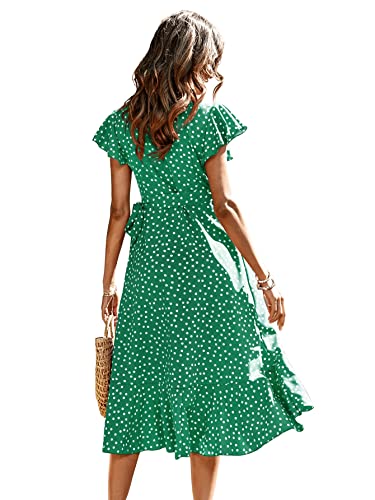Women's Polka Dots Short Sleeve V Neck Wrap Dress Tie Side Ruffle Midi Dresses