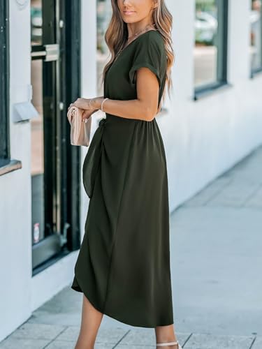 Women's V Neck Wrap Dress Twisted Slit Pleated Waist Tie Short Sleeve Summer Midi Dresses