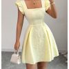 Women's Ruffle Cap Sleeve Square Neck Dress Textured Short Dress Summer Smocked A Line Dresses