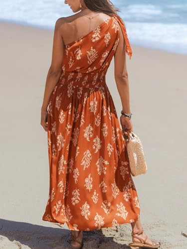 Women's One Shoulder Floral Printed Sleeveless Smocked Waist Maxi Dress Summer Boho Long Dress