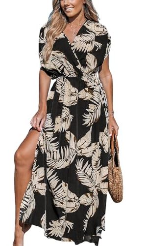 Women's Plunging V Neck Dress Tropical Leaves Print Dresses Short Sleeve Split Hem Maxi Dress