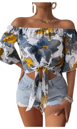 Women's Ruffle Half Sleeve Off Shoulder Knot Front Floral Crop Blouses