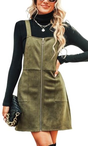 Faux Suede Mini Fall Dresses for Women Square Neck Pull Ring Zipper Front Pockets Wide Straps Casual Autumn Dress