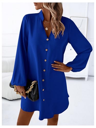 Women's V Neck Pullover Shirt Dress A Line Long Lantern Sleeve Flared Loose Mini Dresses