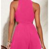 Women's Cut Out Sleeveless Romper Crew Neck Ruched Wide Leg Shorts Jumpsuit