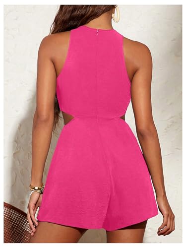 Women's Cut Out Sleeveless Romper Crew Neck Ruched Wide Leg Shorts Jumpsuit