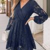 Women Elegant V Neck Lace Peasant Sleeve Mini Summer Dress Elastic High Waist A Line Casual Wedding Guest Dress