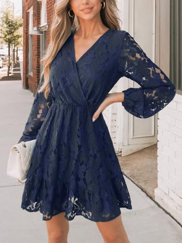 Women Elegant V Neck Lace Peasant Sleeve Mini Summer Dress Elastic High Waist A Line Casual Wedding Guest Dress