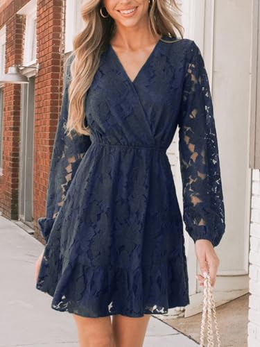 Women Elegant V Neck Lace Peasant Sleeve Mini Summer Dress Elastic High Waist A Line Casual Wedding Guest Dress