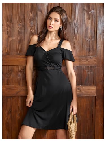 Women's Cold Shoulder A line Dresses V Neck Ruffle Short Sleeve Cut Out Short Dress