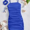 Girl's Ruched Sleeveless Bodycon Pencil Cami Midi Dress with Hair Scrunchies