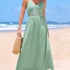 Women Backless Maxi Beach Summer Dress V Neck Lace Cutout Back Tie Spaghetti Strap Casual Wedding Guest Dresses