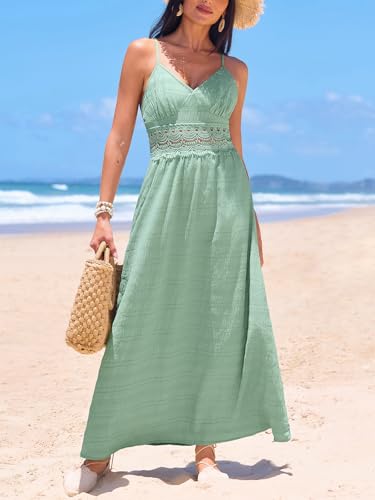 Women Backless Maxi Beach Summer Dress V Neck Lace Cutout Back Tie Spaghetti Strap Casual Wedding Guest Dresses