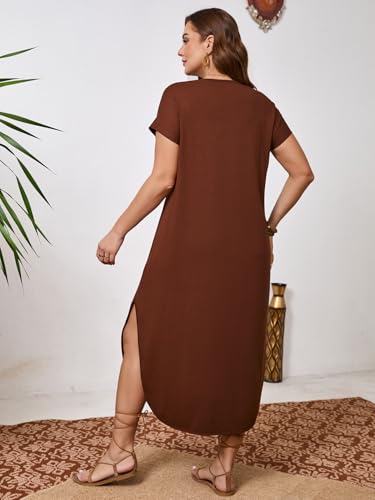 Women's Plus Size Summer Dress V Neck Short Sleeve Split Hem Midi Dresses