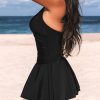 Women's One Piece Swimdress V Neck Plunge Halter Self Tie Open Back Ruched Bathing Suit