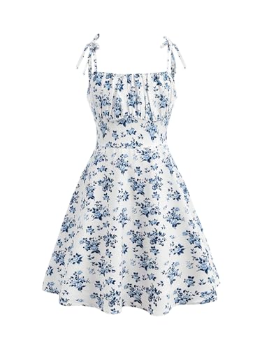 Girl's Floral Print Ruched A Line Short Dress Tie Shoulder Spaghetti Strap Sundress