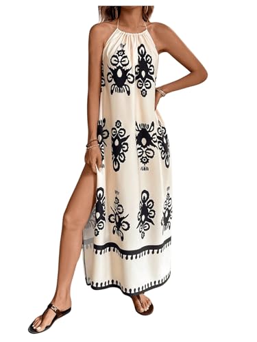 Women's Backless Halter Cami Dress Boho Print Sleeveless Split Hem Long Summer Dresses